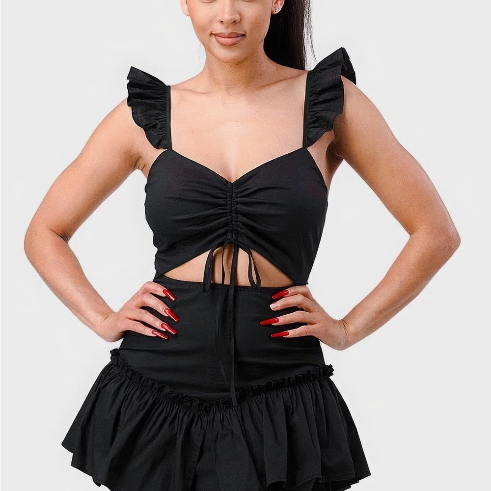 NWT Sweetheart Drawstring Bow Cutout Ruffled Flutter Mini Dress - Picture 6 of 6